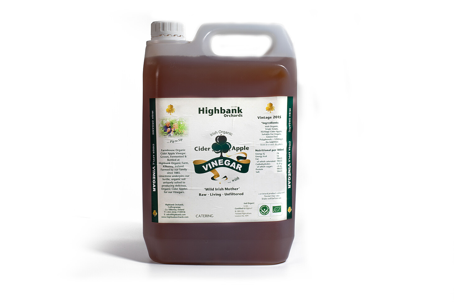 2.5 litre Catering Jug of Highbank Apple Cider Vinegar with Mother . Cream label with green lettering