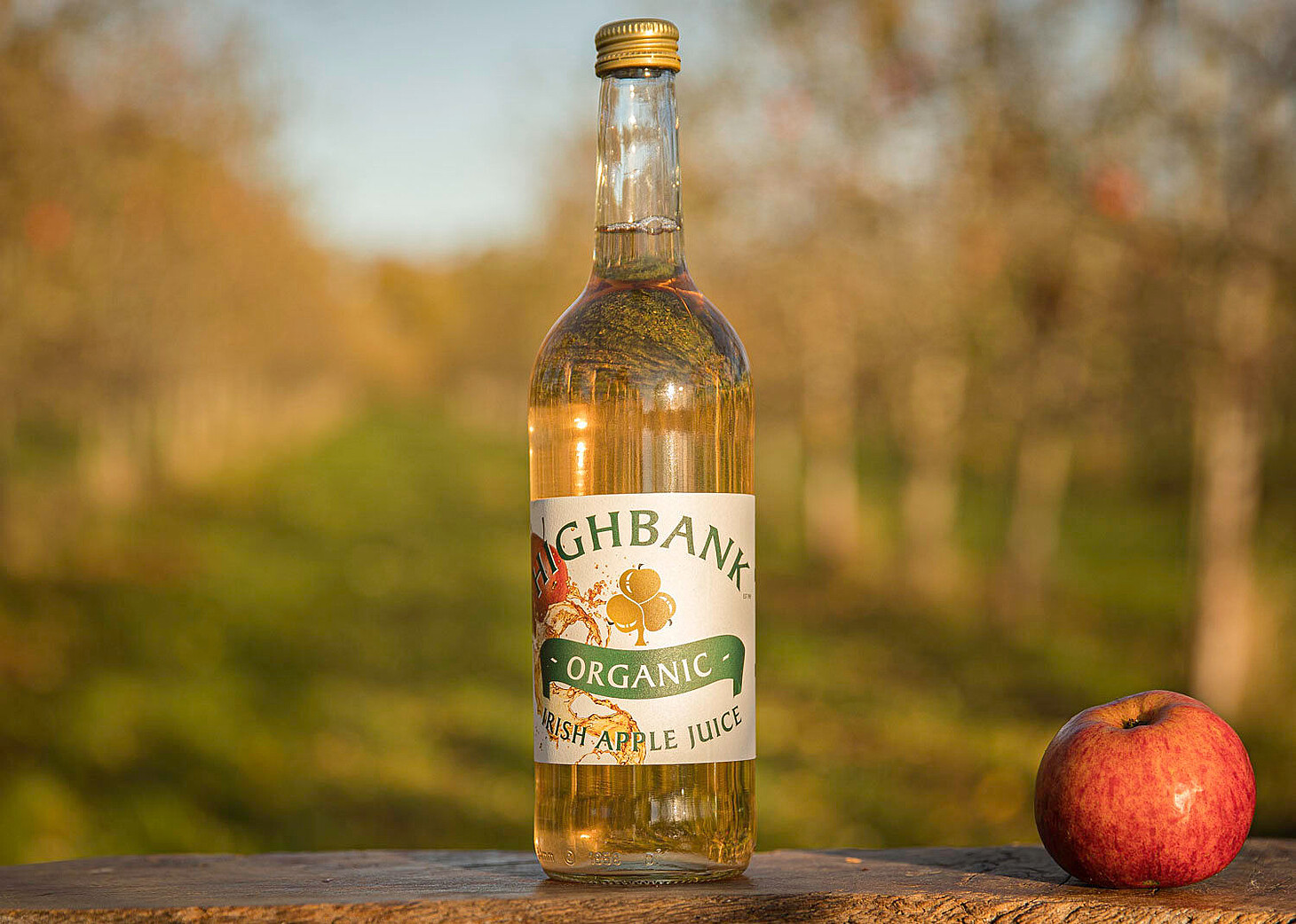 750ml bottle of apple juice in the orchards beside an apple