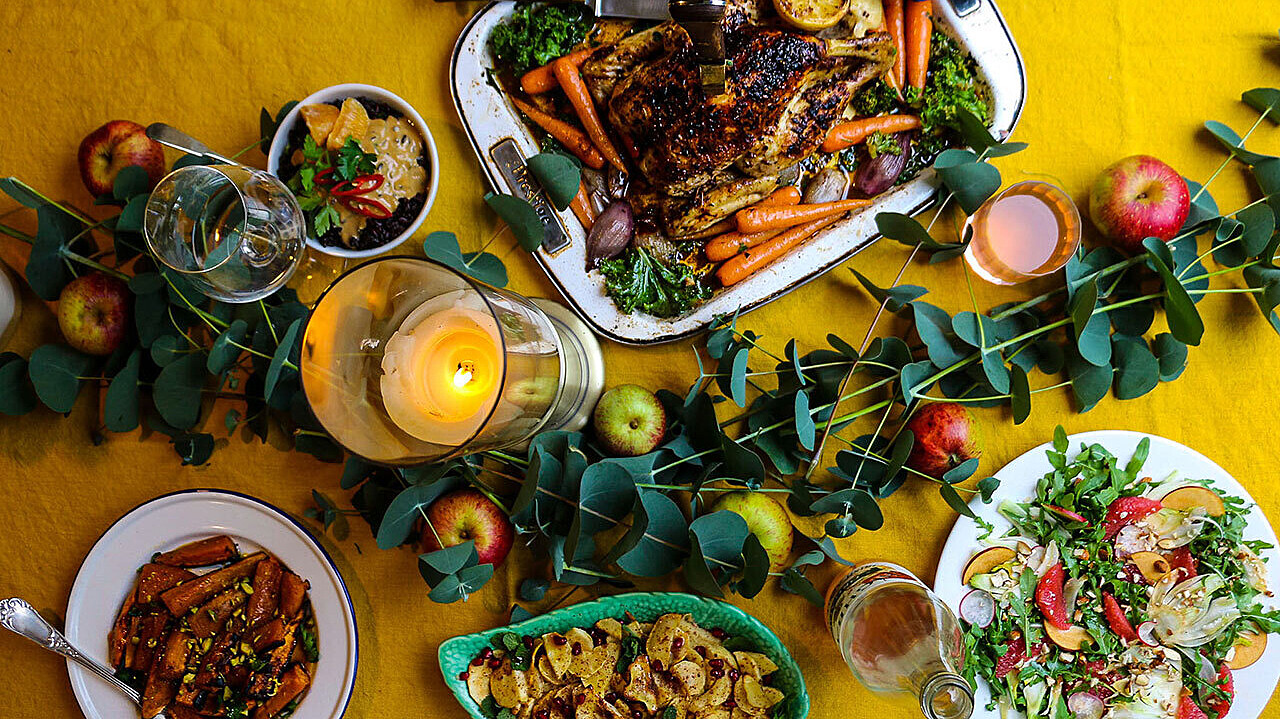 Aerial shot of meal tastefully presented on yellow tablecloth