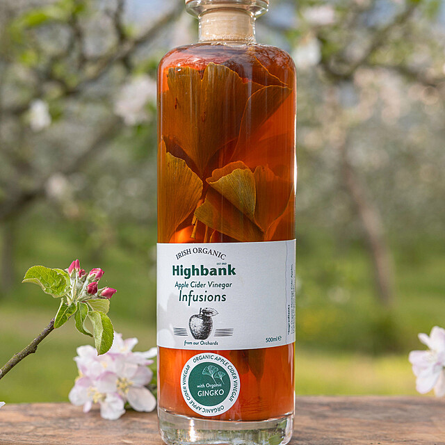 Bottle of cider vinegar Gingo infusion in orchard blossom