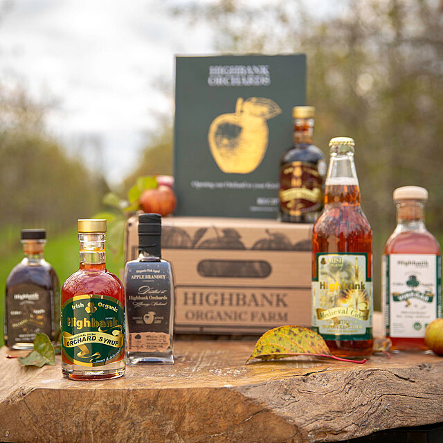 Selection of Highbank Apple Products in a Hamper in orchard