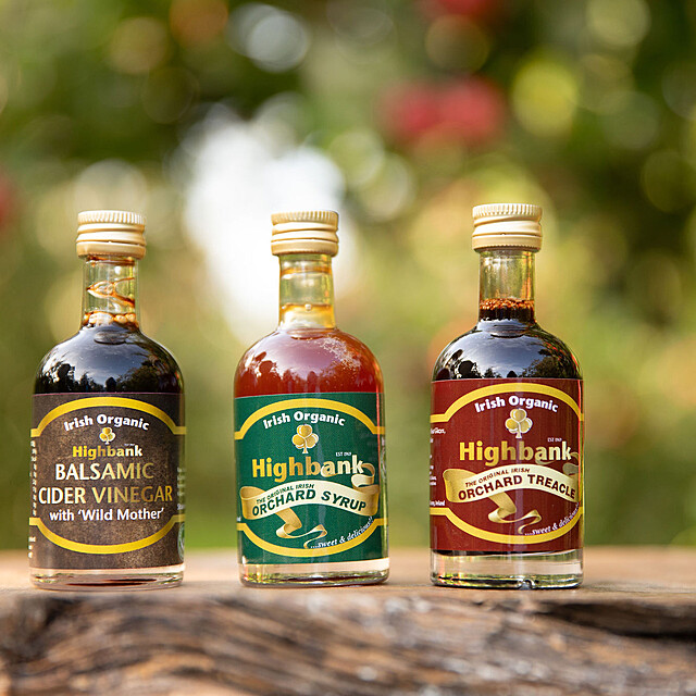 50ml bottles Mini trio on wood in the orchards. Orchard syrup, treacle and balsamic vinegar together.