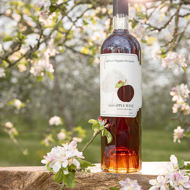 tall glass bottle of red 700ml Highbank Fortified Apple Wine in orchard apple blossom
