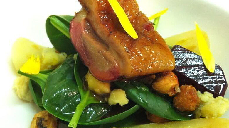 Close up of Duck salad recipe coated in Highbank Syrup